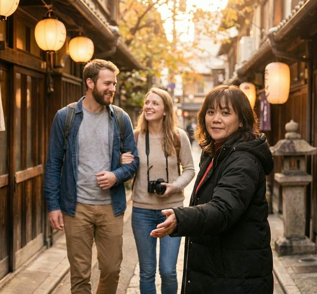 Friendly host guiding guests in Japan